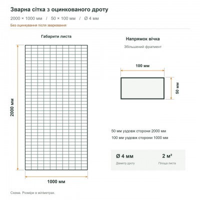 Сітка габіонна зварна з оцинкованого дроту 1000×2000 мм (50×100 мм, Ø4 мм, Zn)