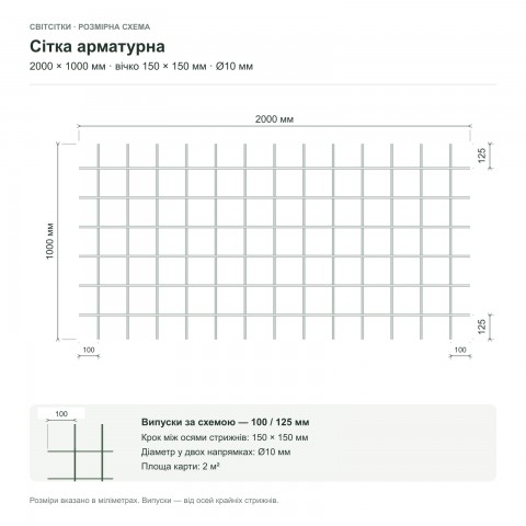 Сітка арматурна 2000×1000 мм, вічко 150×150 мм, Ø10 мм