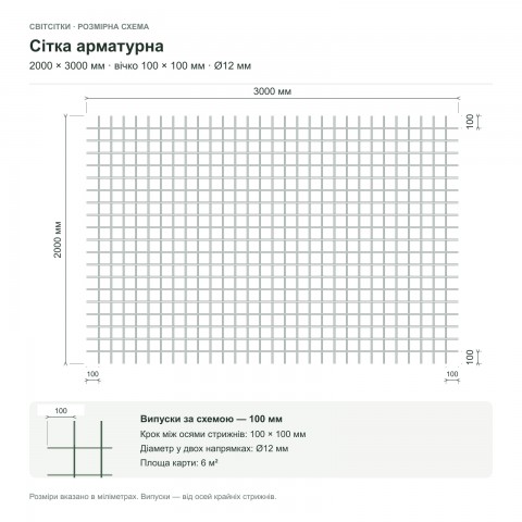 Сітка арматурна 2000×3000 мм, вічко 100×100 мм, Ø12 мм