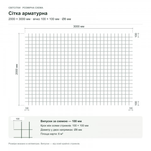 Сітка арматурна 2000×3000 мм, вічко 100×100 мм, Ø8 мм