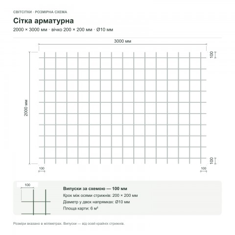 Сітка арматурна 2000×3000 мм, вічко 200×200 мм, Ø10 мм