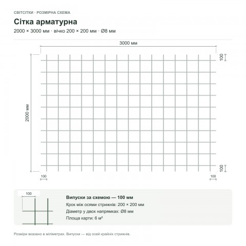 Сітка арматурна 2000×3000 мм, вічко 200×200 мм, Ø8 мм