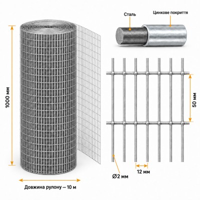 Сітка для кліток кролів 50×12×2 мм, рулон 10×1 м