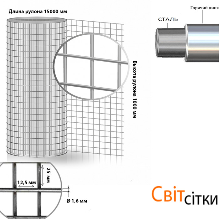 Сварная оцинкованная сетка для клеток  яч.25x12х1,6 мм h1х15м