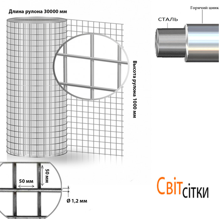 Сварная сетка оцинкованная для клеток яч.50x50х1,2 мм h1х30м