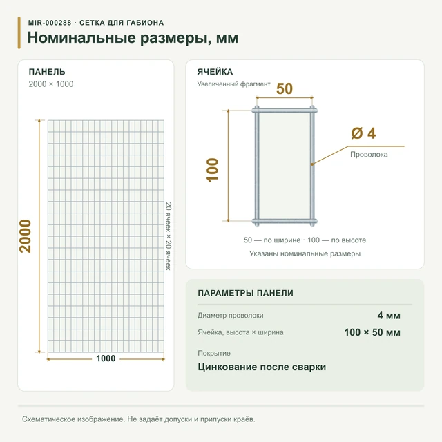 Сетка для габионов оцинкованная 2х1 яч 100х50 Ø 4мм
