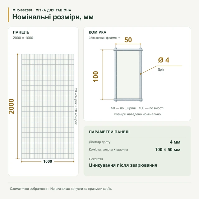 Сітка для габіонів оцинкована 2х1 вічко 100х50 Ø 4мм