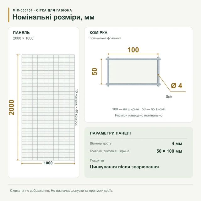 Сітка для габіонів оцинкована 2х1 вічко 50х100 Ø 4мм