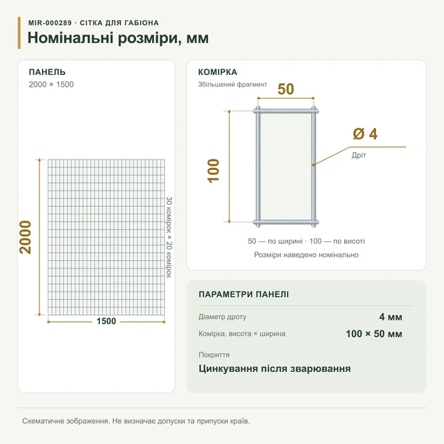 Сітка для габіонів оцинкована 2х1.5 вічко 100х50 Ø 4мм