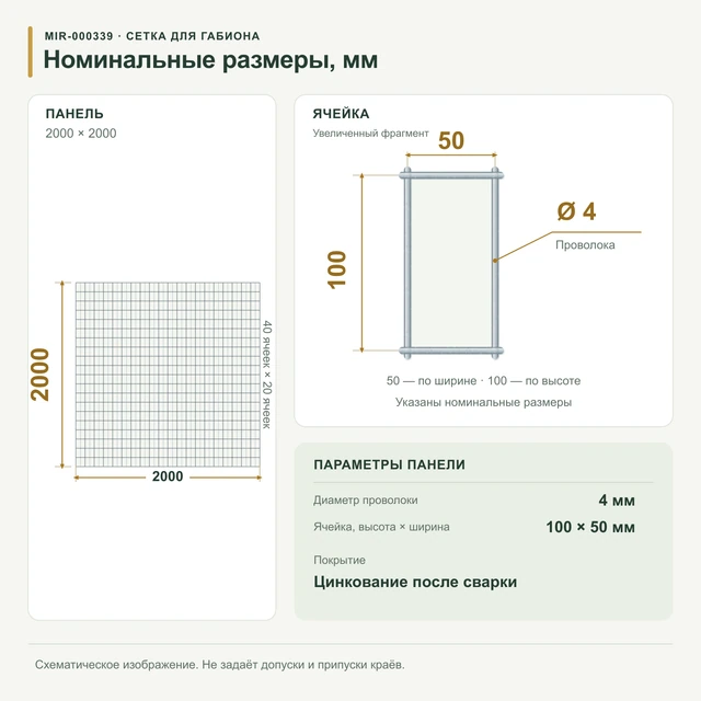 Сетка для габионов оцинкованная 2х2 яч 100х50 Ø 4мм (Габион)