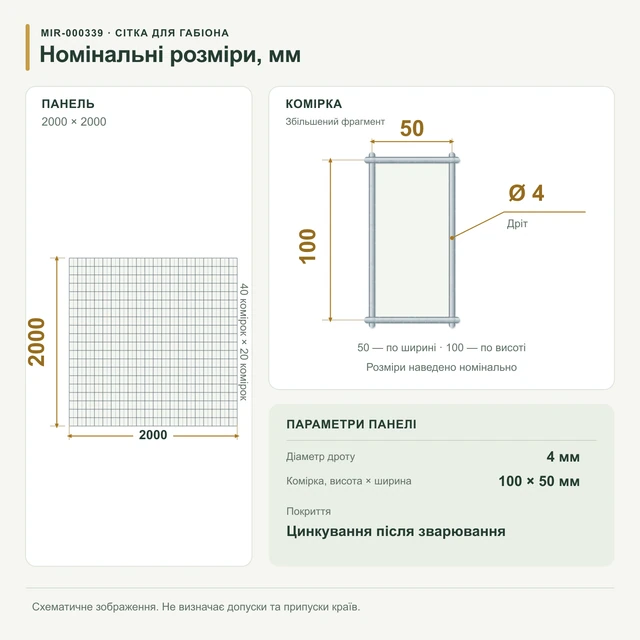 Сітка для габіонів оцинкована 2х2 вічко 100х50 Ø 4мм (Габіон)