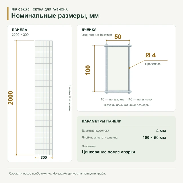 Сетка для габионов оцинкованная 2х0,3 яч 100х50 Ø 4мм (Габион)