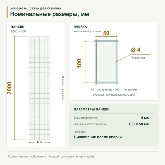 Сетка для габионов оцинкованная 2х0,4 яч 100х50 Ø 4мм
