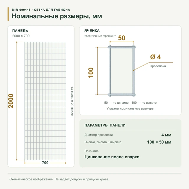 Сетка для габионов оцинкованная 2х0,7 яч 100х50 Ø 4мм 