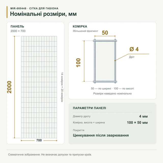 Сітка для габіонів оцинкована 2х0,7 вічко 100х50 Ø 4мм (Габіон)
