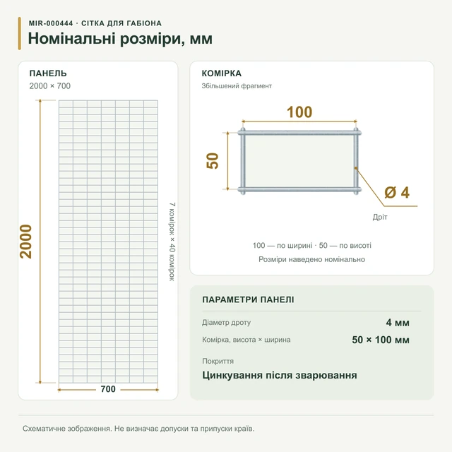 Сітка для габіонів оцинкована 2х0,7 вічко 50х100 Ø 4мм (Габіон) Сітка для габіонів оцинкована 2х0,7 вічко 50х100 Ø 4мм (Габіон)