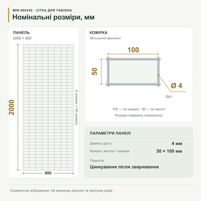 Сітка для габіонів оцинкована 2х0,8 вічко 50х100 Ø 4мм (Габіон)