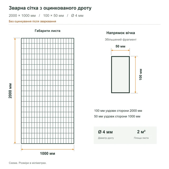 Сітка габіонна зварна з оцинкованого дроту 1000×2000 мм (100×50 мм, Ø4 мм, Zn)