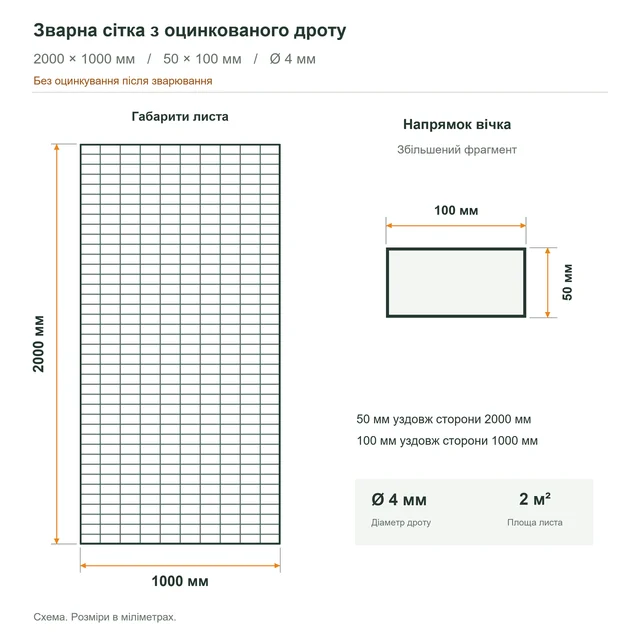 Сітка габіонна зварна з оцинкованого дроту 1000×2000 мм (50×100 мм, Ø4 мм, Zn)