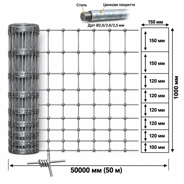 Сітка шарнірна фермерська 1×50 м Ø2,0/2,0/2,5 мм