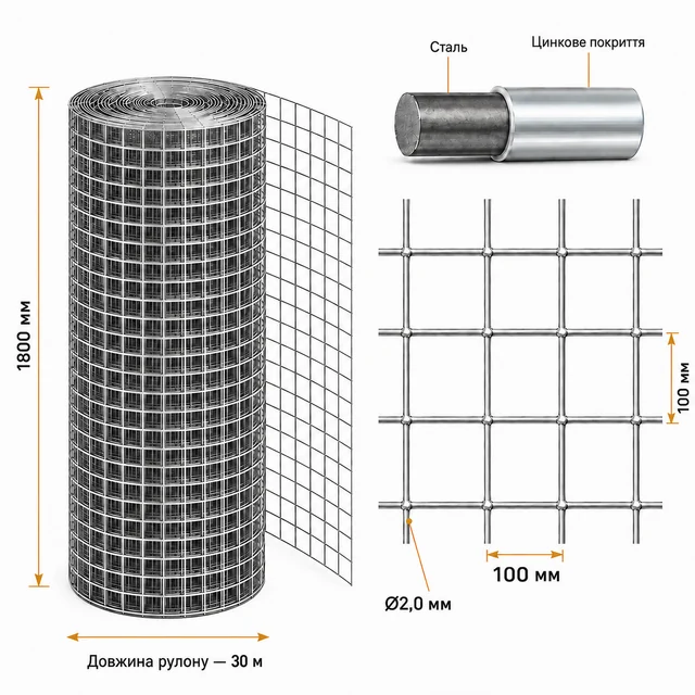 Сварная оцинкованная сетка 100×100×2,0 мм 30×1,8 м для ограждения