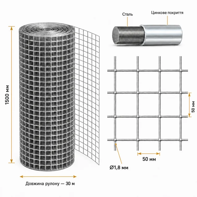 Сварная оцинкованная сетка 50×50×1,8 мм 30×1,5 м для ограждения