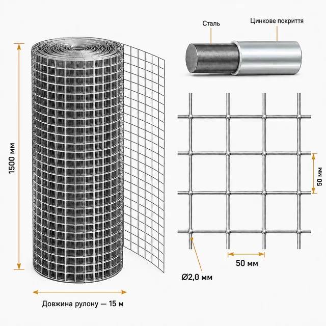 Сварная оцинкованная сетка 50×50×2,0 мм 15×1,5 м для ограждения