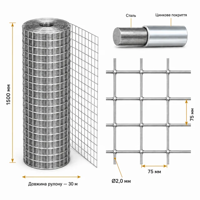 Сварная оцинкованная сетка 75×75×2,0 мм 30×1,5 м для ограждения