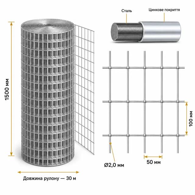 Сварная оцинкованная сетка 100×50×2,0 мм 30×1,5 м для ограждения