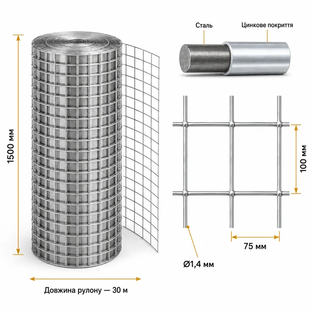 Сварная оцинкованная сетка 100×75×1,4 мм 30×1,5 м для ограждения