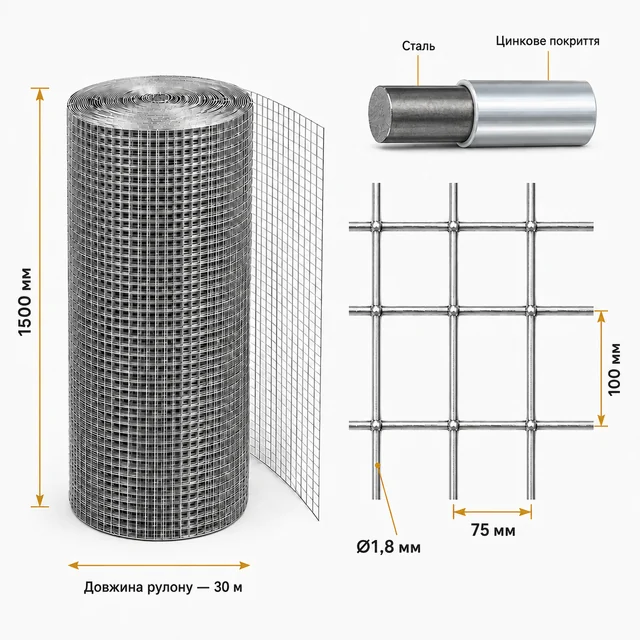 Сварная оцинкованная сетка 100×75×1,8 мм 30×1,5 м для ограждения