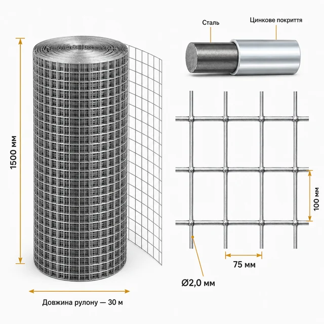 Сварная оцинкованная сетка 100×75×2,0 мм 30×1,5 м для ограждения