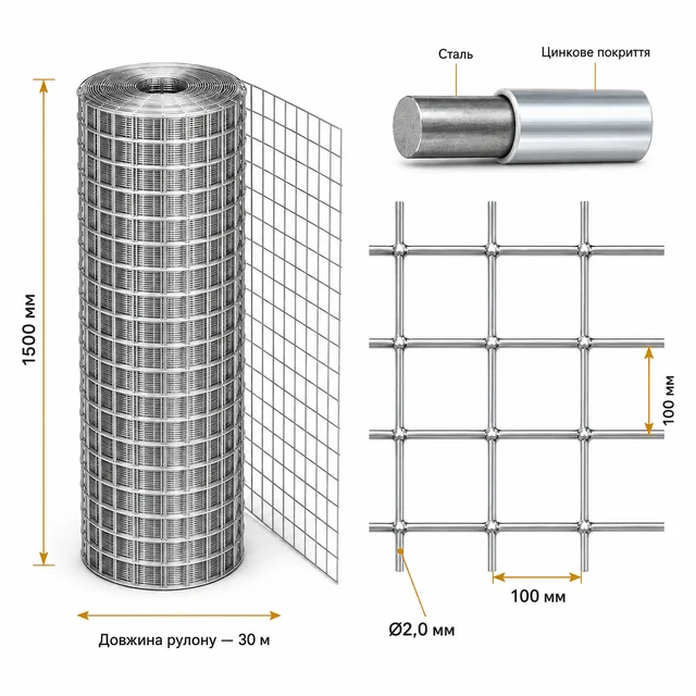 Сварная оцинкованная сетка 100×100×2,0 мм 30×1,5 м для ограждения