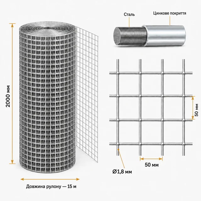 Сварная оцинкованная сетка 50×50×1,8 мм 15×2 м для ограждения