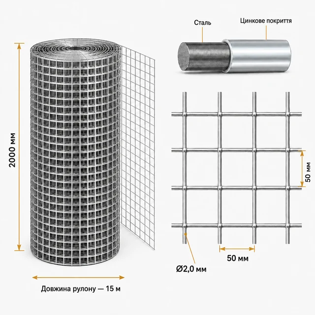 Сварная оцинкованная сетка 50×50×2,0 мм 15×2 м для ограждения
