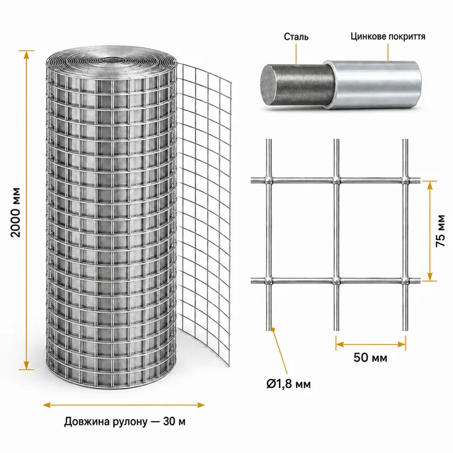 Сварная оцинкованная сетка 75×50×1,8 мм 30×2 м для ограждения