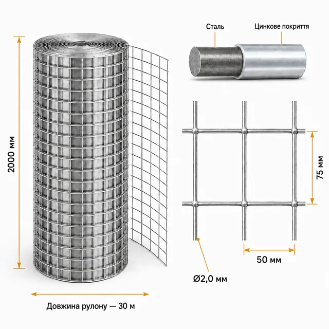 Сварная оцинкованная сетка 75×50×2,0 мм 30×2 м для ограждения