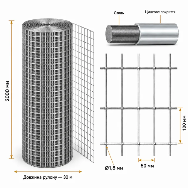 Сварная оцинкованная сетка 100×50×1,8 мм 30×2 м для ограждения
