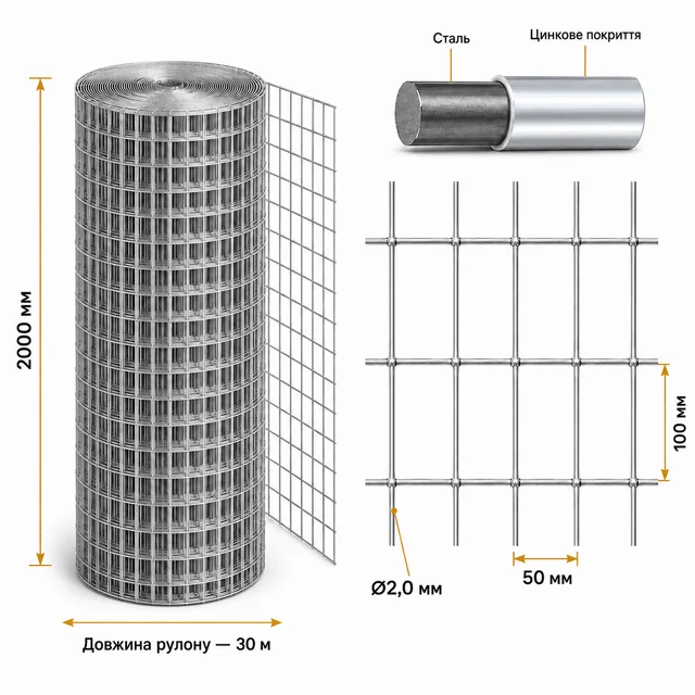 Сварная оцинкованная сетка 100×50×2,0 мм 30×2 м для ограждения