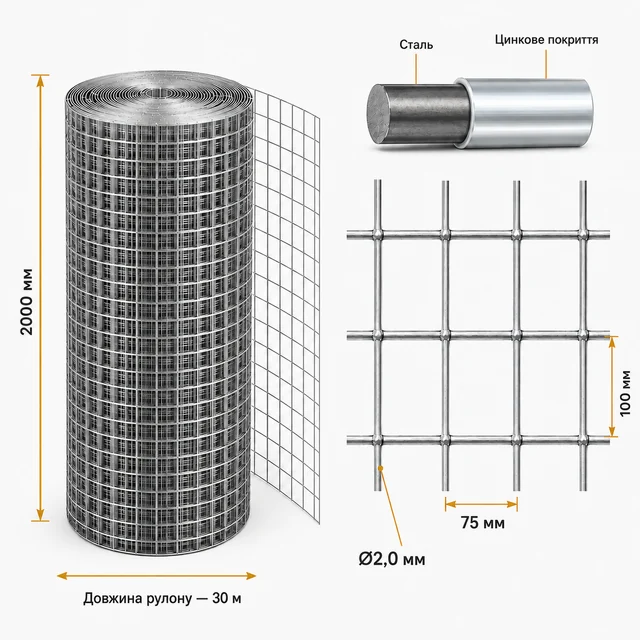 Сварная оцинкованная сетка 100×75×2,0 мм 30×2 м для ограждения