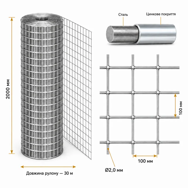 Сварная оцинкованная сетка 100×100×2,0 мм 30×2 м для ограждения