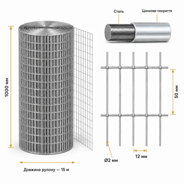 Сварная сетка оцинкованная для клеток яч.50x12х2 мм h1х15м