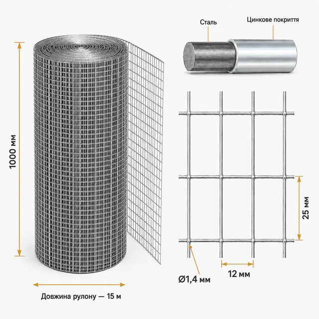 Cетка для клеток оцинкованная яч.25x12х1,4 мм h1х15м.
