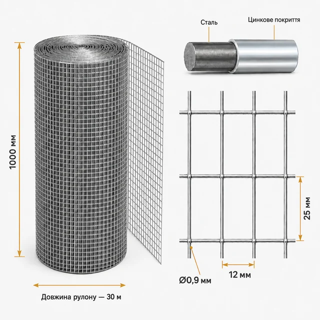 Сварная сетка оцинкованная для клеток яч.25x12х0,9 мм h1х30м