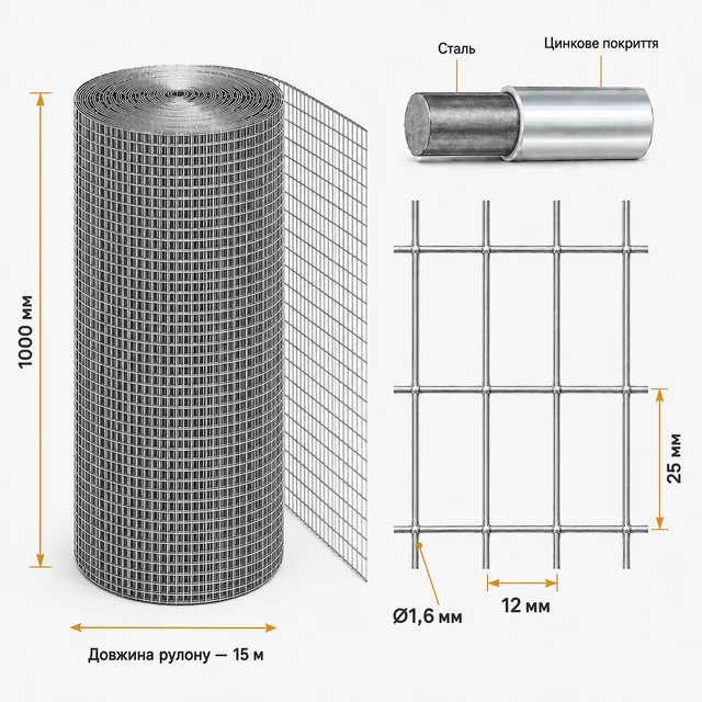 Сварная оцинкованная сетка для клеток  яч.25x12х1,6 мм h1х15м