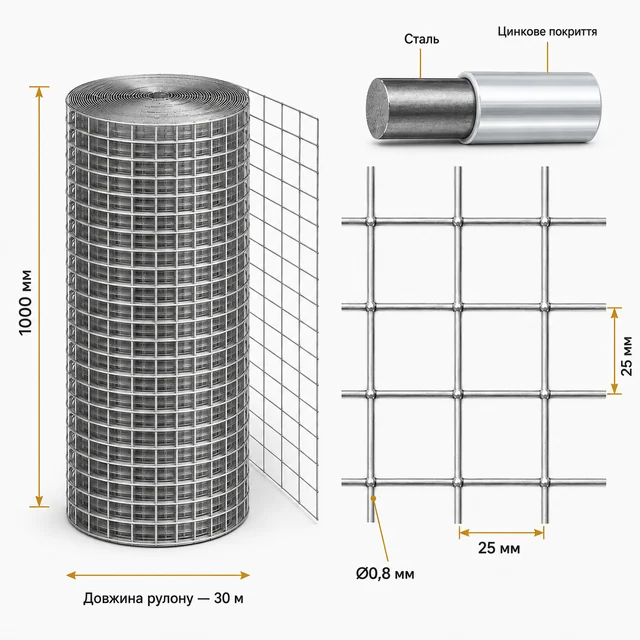 Сварная сетка оцинкованная для клеток яч.25x25х0,8 мм h1х30м