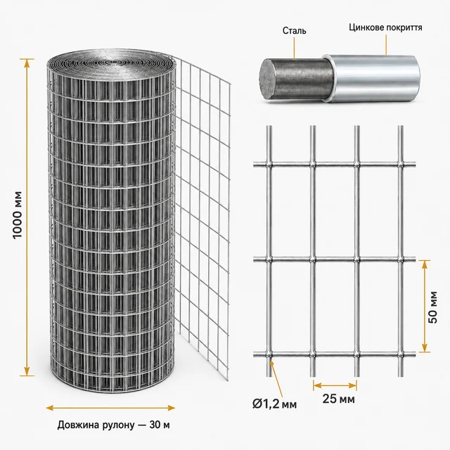 Сварная сетка оцинкованная для клеток яч.50x25х1,2 мм h1х30м