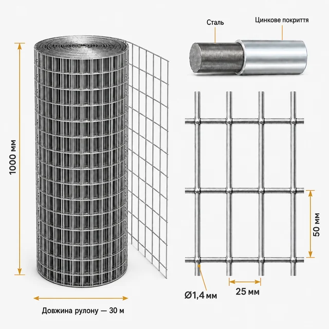 Сварная сетка оцинкованная для клеток яч.50x25х1,4 мм h1х30м