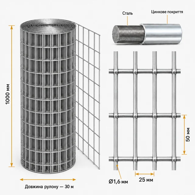 Сварная сетка оцинкованная для клеток яч.50x25х1,6 мм h1х30м
