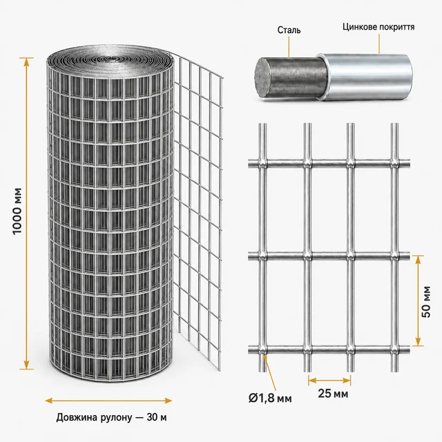 Сварная сетка оцинкованная для клеток яч.50x25х1,8 мм h1х30м